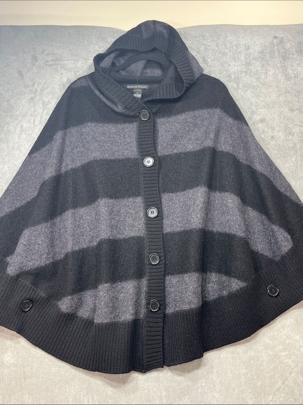 Marina Luna Wool Hooded Poncho Cape Black Gray Striped Small